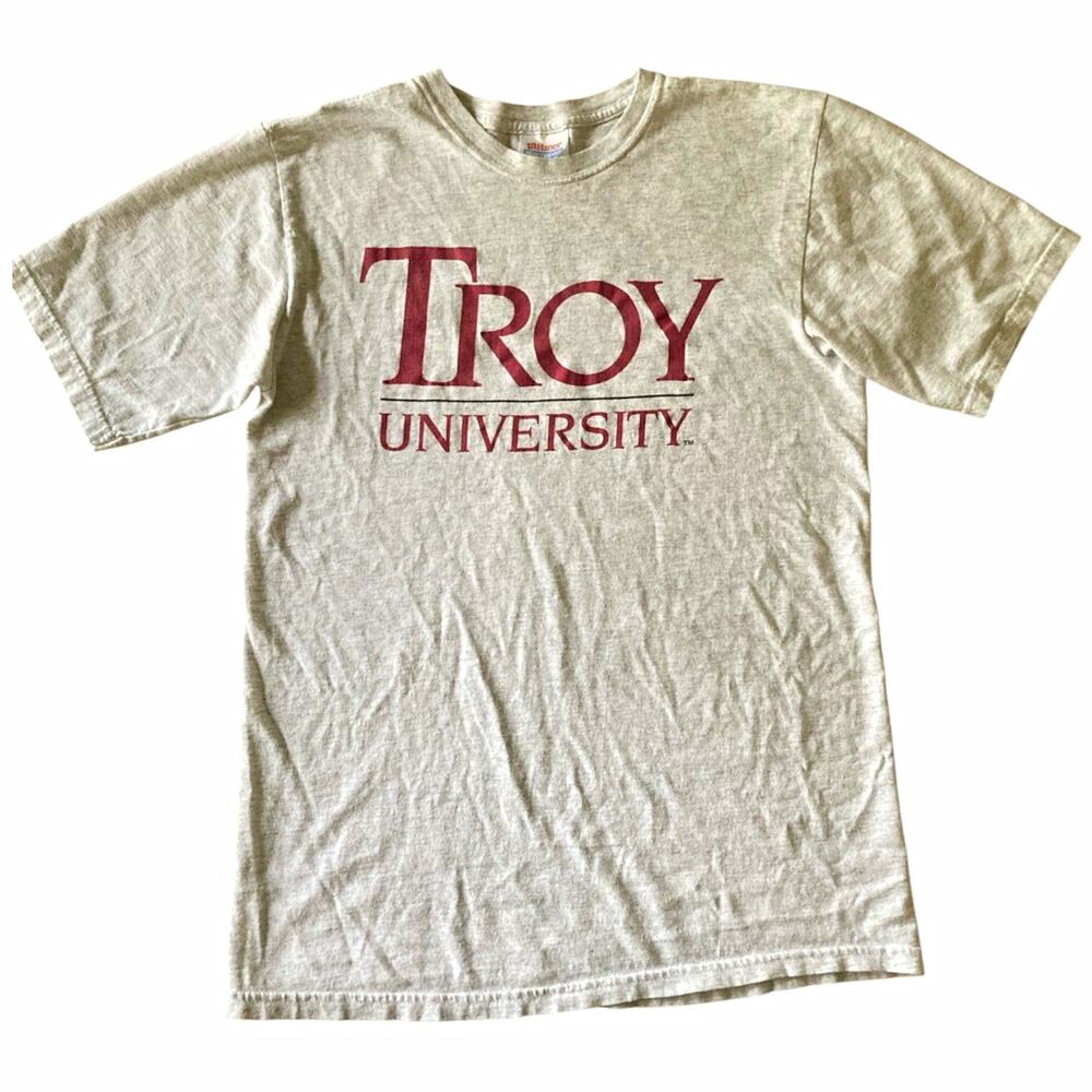Vintage 90s Y2K Troy Alabama University College Sports Graphic T-Shirt Tee Gray